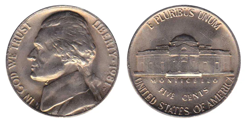 1981 Jefferson nickel obverse and reverse showing Thomas Jefferson portrait and Monticello
