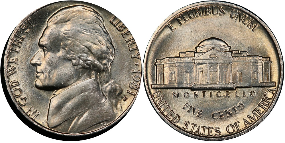 Comparison of 1981 Jefferson nickel standard strike with merged steps vs Full Steps designated example with sharp unbroken steps