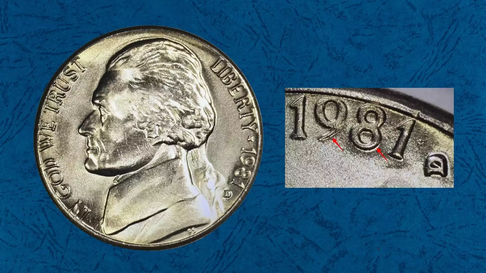 1981 Jefferson nickel doubled die reverse showing spread doubling on E PLURIBUS UNUM lettering under magnification