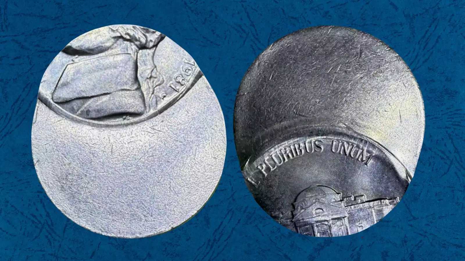 1981 Jefferson nickel off-center strike error showing design shifted with blank crescent area and visible date