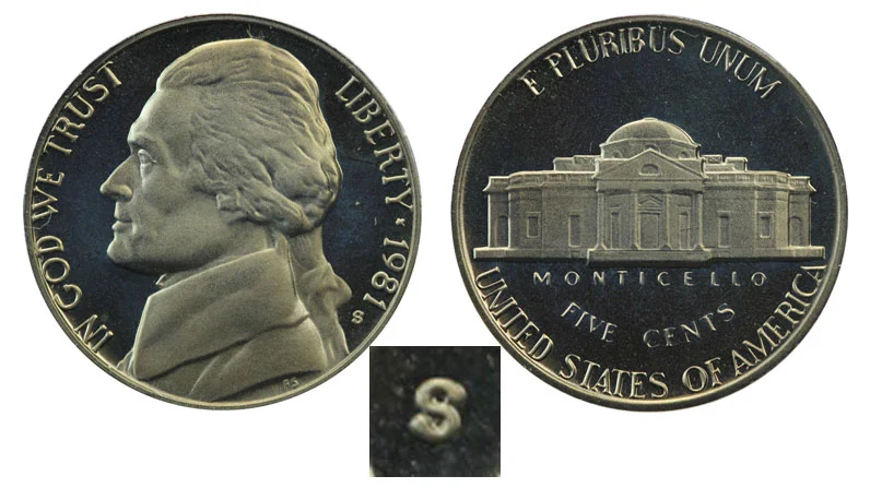 1981-S proof Jefferson nickel mint mark comparison showing Type 1 Filled S vs Type 2 Clear S under magnification