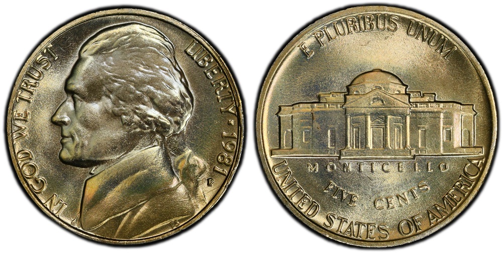 Group of 1981 Jefferson nickels from Philadelphia, Denver, and San Francisco mints showing all three varieties