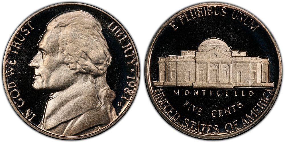 1981 Jefferson nickel grading strip showing four condition tiers from worn Good grade to Mint State uncirculated